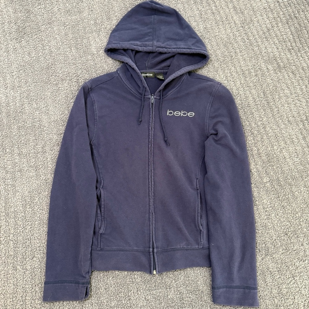 🔥 Y2K Bebe Zip Up Hoodie Women’s Large Navy Logo Sweatshirt